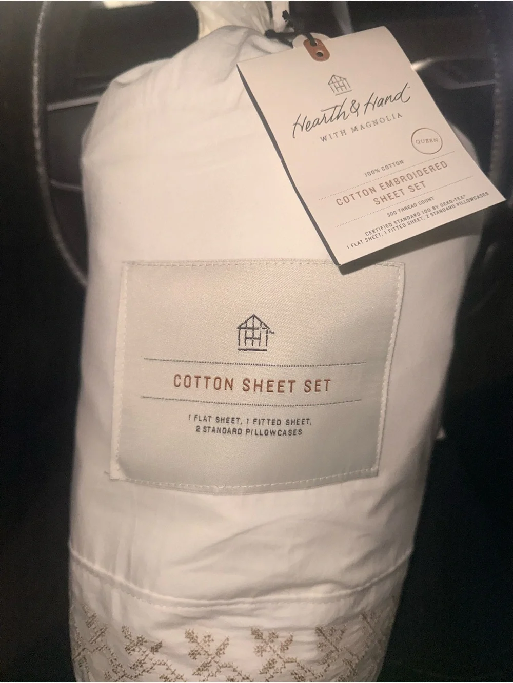 Queen 300 Thread embroidered Sheet Sour Cream Brown Embroidered- Hearth & Hand